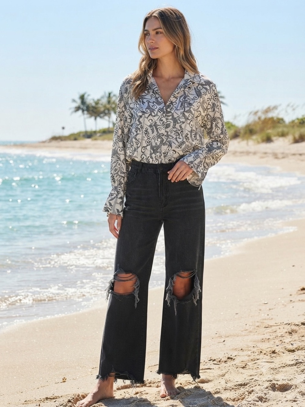 We The Free Washed Black Distressed Wide-Leg Jeans